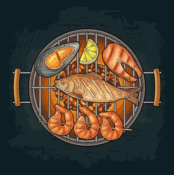 Barbecue grill avec charbon de bois, huître, crevettes, citron, poisson. Gravure vintage — Image vectorielle