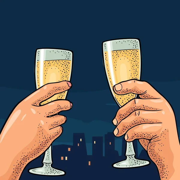 Női és férfi keze gazdaság és csengő pohár pezsgő. Gravírozás — Stock Vector
