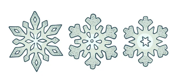 Set sneeuwvlokken met drie verschillende ornamenten. Vector gravure — Stockvector