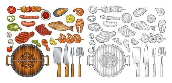 Barbecue grill vue sur le dessus charbon de bois, kebab, champignon, tomate, poisson, steak — Image vectorielle