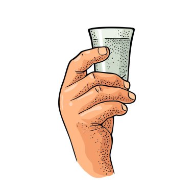 Erkek el cam votka tutarak. Vintage vektör oyma