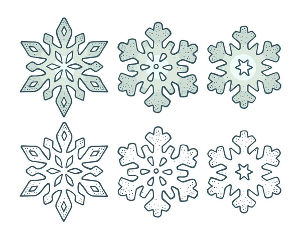 Set sneeuwvlokken met drie verschillende ornamenten. Vector gravure — Stockvector