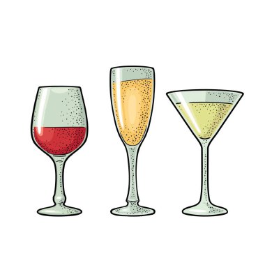 Cam şarap, şampanya, kokteyl ayarlayın. Vintage vektör resmi web, poster, menü, partiye davet için oyma. Beyaz arka plan üzerinde izole