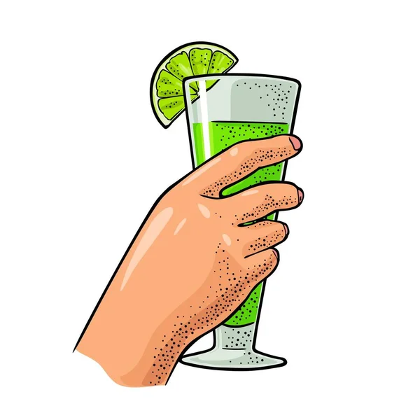 Weibliche Hand Mit Einem Glas Cocktail Vintage Vektor Farbgravur Illustration — Stockvektor