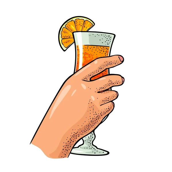 Mano Femminile Che Tiene Bicchiere Cocktail Illustrazione Incisione Colori Vettoriale — Vettoriale Stock