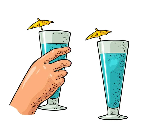 Die Weibliche Hand Hält Ein Glas Cocktail Mit Regenschirm Vintage — Stockvektor