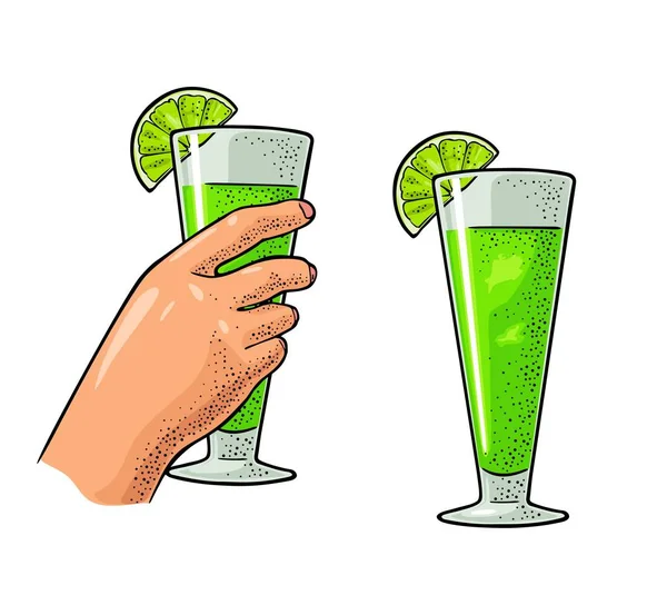 Female Hand Holding Glass Cocktail Sice Lime Vintage Vector Color — Stock Vector