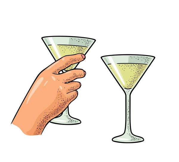 カクテルのグラスを持っている女性の手 ビンテージ ベクトル色ラベル ポスター パーティーへの招待状のイラストを彫刻します 白い背景に分離 — ストックベクタ