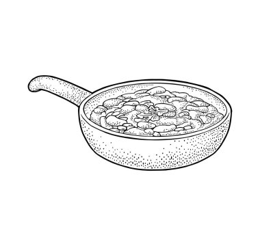 Chili con carne Pan - Meksika geleneksel yemeği. Vektör vintage siyah illüstrasyon menü, poster, web için oyulmuş. Beyaz arka plan üzerinde izole