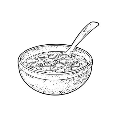 Chili con carne kase kaşık - Meksika geleneksel yemekleri ile. Vektör vintage siyah illüstrasyon menü, poster, web için oyulmuş. Beyaz arka plan üzerinde izole