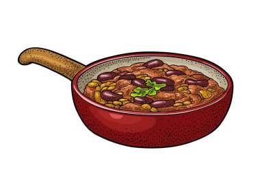 Chili con carne Pan - Meksika geleneksel yemeği. Vektör vintage renk illüstrasyon menü, poster, web için oyma. Beyaz arka plan üzerinde izole