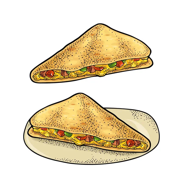 Quesadilla Traditionelle Mexikanische Küche Vektor Farb Vintage Gravur Illustration Für — Stockvektor