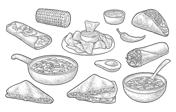 墨西哥传统食品集瓜卡莫尔 奎萨迪拉 恩奇拉达 伯里托 纳乔斯 辣椒康与成分 在白色背景查出的向量复古黑色雕刻例证 — 图库矢量图片