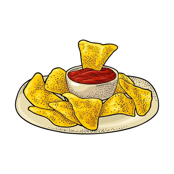 墨西哥土豆片加番茄酱和泛墨西哥传统食品 用于菜单 网页的矢量黑色老式雕刻插图 因白人背景而被隔离 — 图库矢量图片