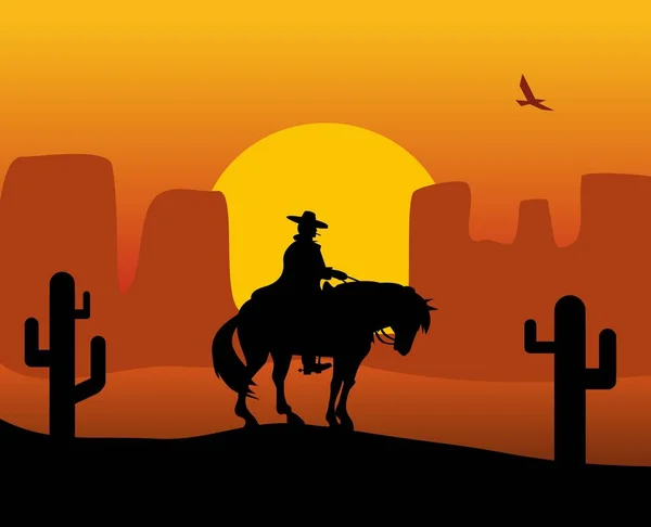 Pistolero del salvaje oeste en un impermeable montando un caballo. Fondo el desierto . — Vector de stock