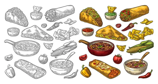 Guacamole 、 Enchilada 、ブリトー、タコス、ナチョスとメキシコの伝統的な食品セット — ストックベクタ