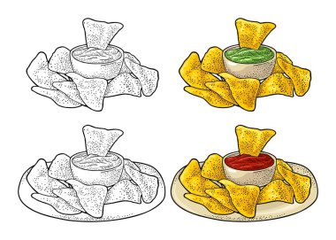 Nachos - Meksika geleneksel yemekleri. Vektör vintage oymalı resimleme