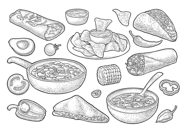 墨西哥传统食品，与瓜卡莫尔、恩奇拉达、伯里托、塔科什、纳乔斯 — 图库矢量图片