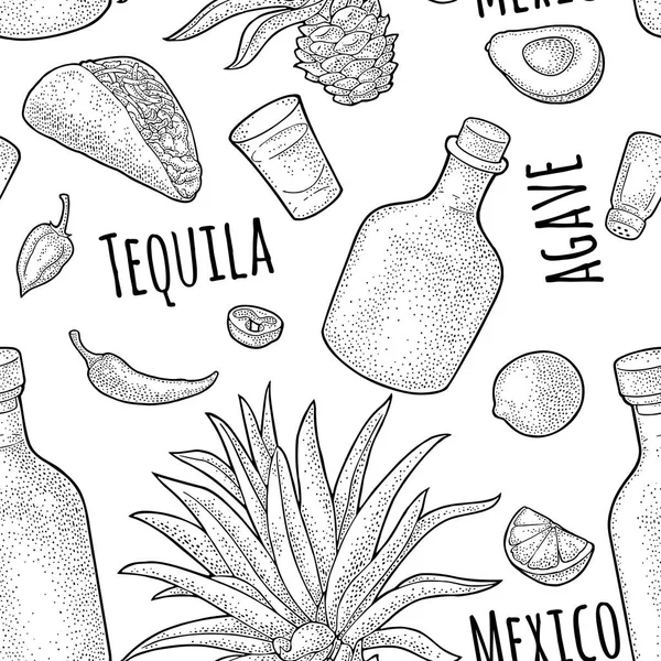 Nahtloses Flaschenmuster, Glas-Tequila, Salz, Kaktus und Limette — Stockvektor