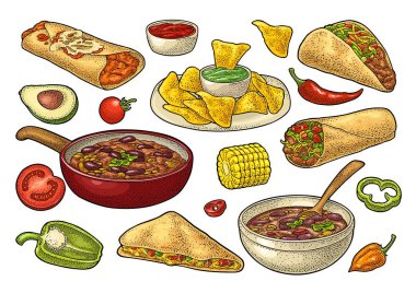 Meksika geleneksel yemekleri Guacamole, Enchilada, Burrito, Tacos, Nachos