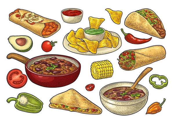 Makanan tradisional Meksiko diatur dengan Guacamole, Enchilada, Burrito, Tacos, Nachos - Stok Vektor