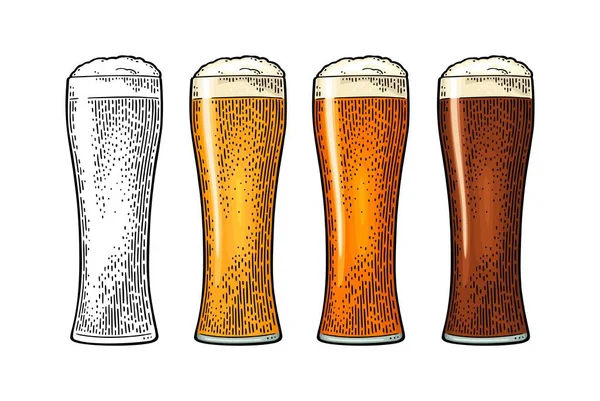 Γυαλί με διαφορετικούς τύπους μπύρας - lager, ale, Πόρτερ. Vintage χρώμα Χαρακτική — Διανυσματικό Αρχείο