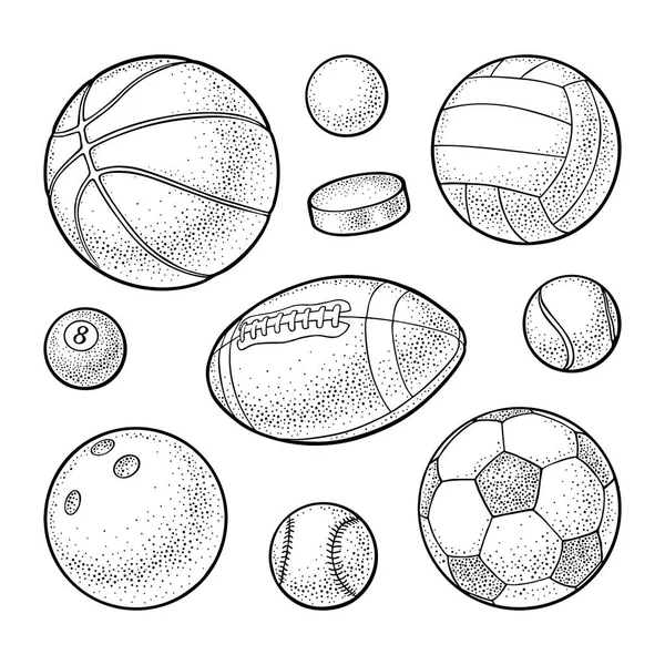 Establecer Diferentes Tipos Bolas Deporte Iconos Grabado Vintage Vector Negro — Vector de stock