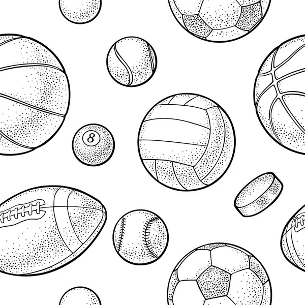 Nahtlose Muster Verschiedene Arten Sportbälle Isoliert Auf Weißem Hintergrund Vintage — Stockvektor