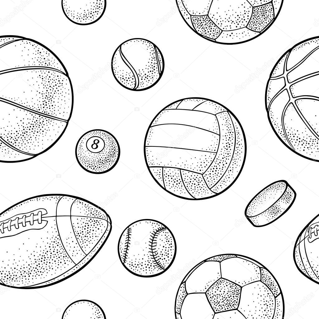 Seamless pattern different kinds sport balls isolated on white background. Vintage black vector engraving illustration for label, poster, web.