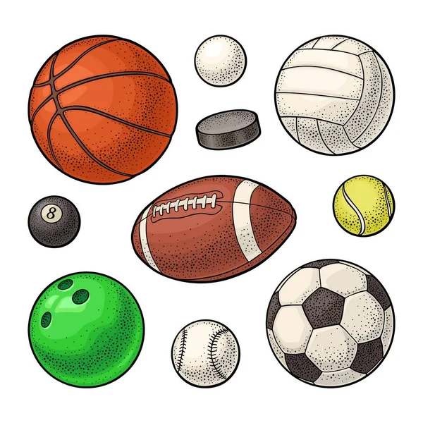 Establecer Diferentes Tipos Bolas Deporte Iconos Grabado Vintage Vector Ilustración — Vector de stock