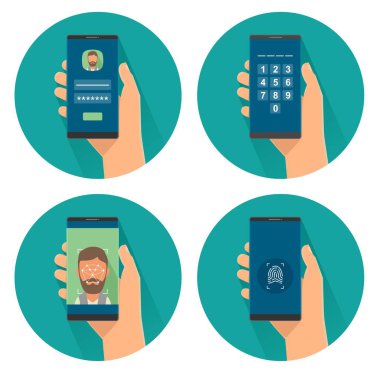 Erkek smartphone kavramı Emanet erişim ekranda telefon tutarak Icon set.