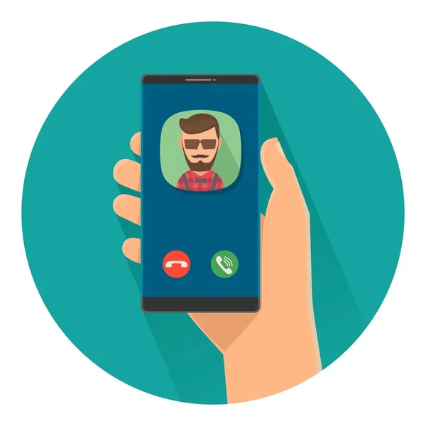 Male holding smartphone with incoming call on screen. Flat illustration — Stock Vector