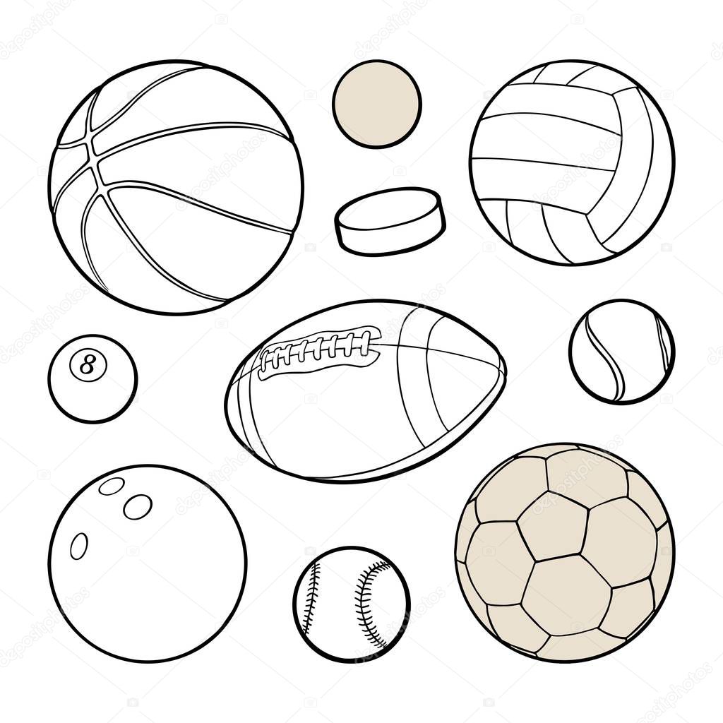 Set sport balls icons. Vector black illustration. Isolated on white