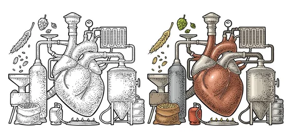 酿酒厂生产啤酒用罐, 燃烧器, 心脏雕刻 — 图库矢量图片