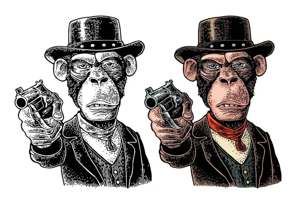 Monkey gentleman holding revolver och klädd hatt, kostym, väst. Gravyr — Stock vektor