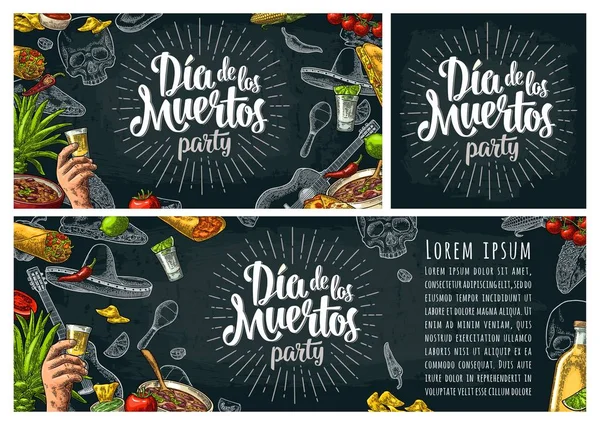 Dia Los Muertos Letras Comida Tradicional Mexicana Tequilla Guacamole Quesadilla — Vector de stock