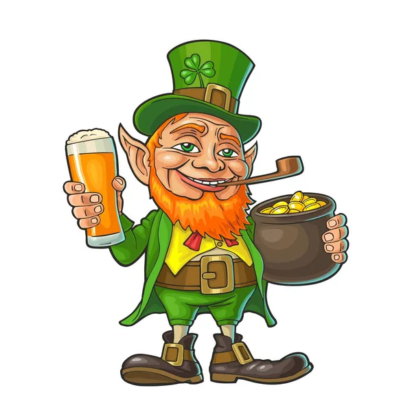 Leprechaun Holding Beer Glass Pot Gold Coins Vector Color Illustration — Stock Vector