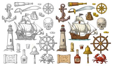 Korsan macerası kur. Vektör renk vintage oymacılığı