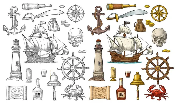Set petualangan bajak laut. Ukiran vektor warna vintage - Stok Vektor