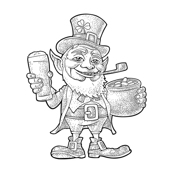 Leprechaun segurando copo de cerveja e pote de moedas de ouro. Ilustração vetorial . — Vetor de Stock