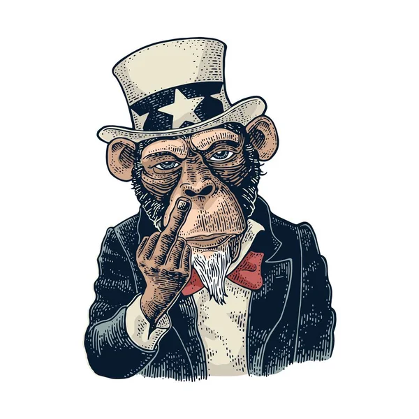 Monkey Uncle sam z podniesioną środkowym palcem Vintage Grawerowanie — Wektor stockowy