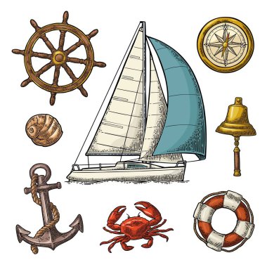 Çapa, tekerlek, yelkenli gemi, pusula gül, kabuk, Yengeç, deniz feneri oyma