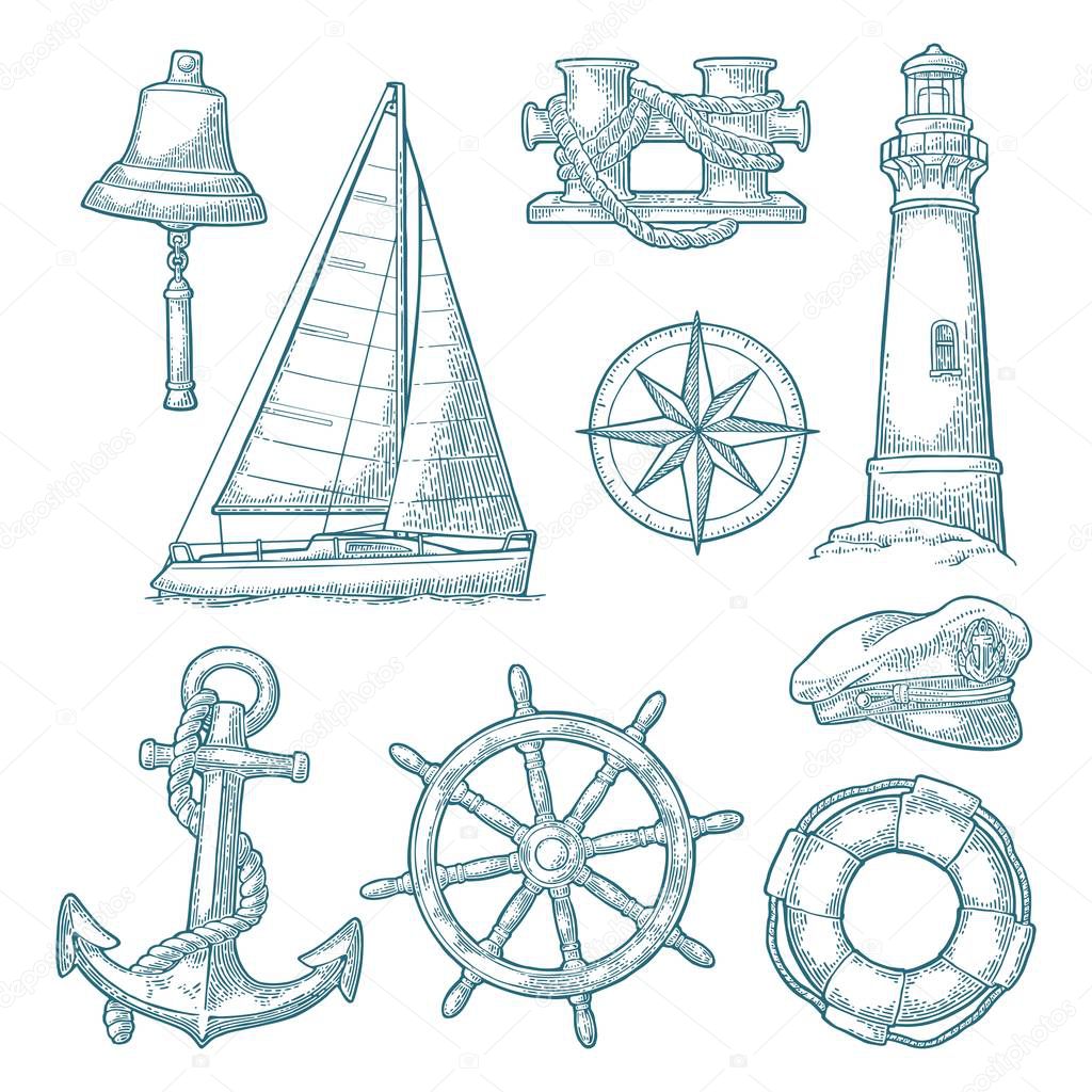 Anchor, wheel, sailing ship, compass rose, lighthouse engraving