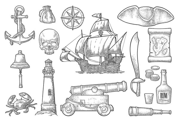Set pirate adventure. Vector color vintage engraving