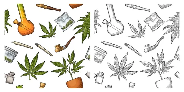 Modèle sans couture avec feuille de marijuana. Illustration de gravure vectorielle noire vintage — Image vectorielle