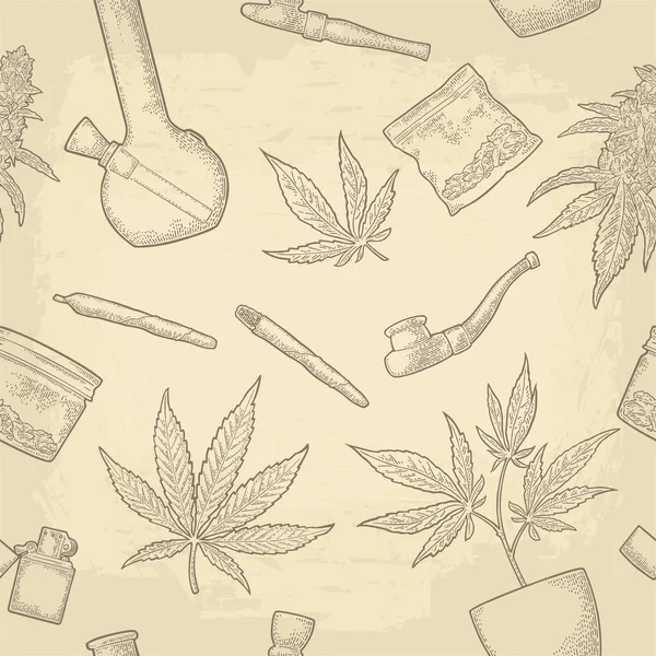 Patrón sin costuras con hoja de marihuana. Vintage vector negro grabado ilustración — Vector de stock