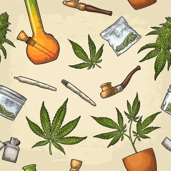 Patrón sin costuras con hoja de marihuana. Vintage vector negro grabado ilustración — Archivo Imágenes Vectoriales