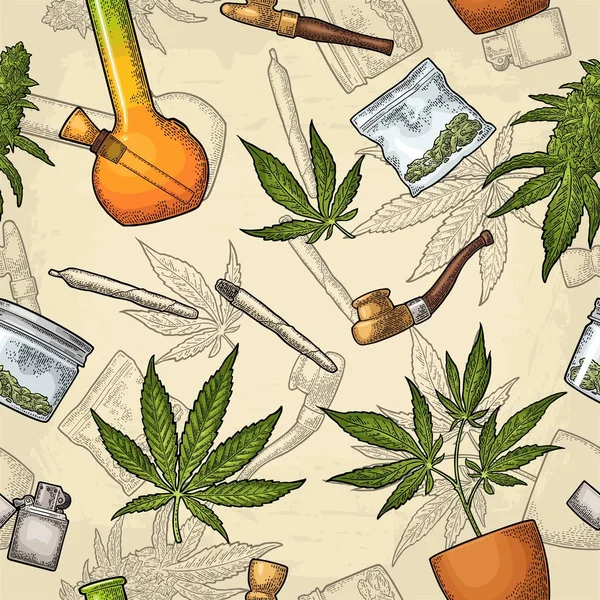 Modello senza cuciture con foglia di marijuana. Illustrazione di incisione vettoriale nero vintage — Vettoriale Stock