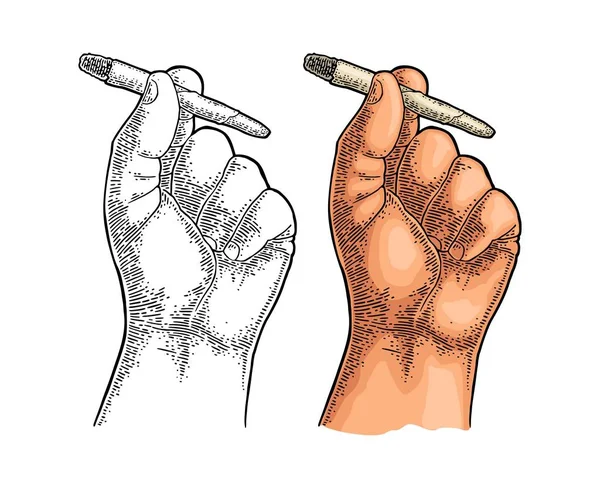 Mužské ruka drží hořící cigarety s marihuanou. Ročník gravírování — Stockový vektor