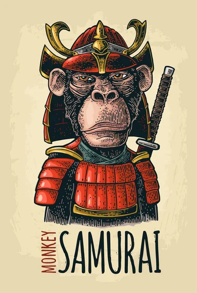 Singe avec épée de samouraï et armure japonaise. Gravure noire vintage — Image vectorielle